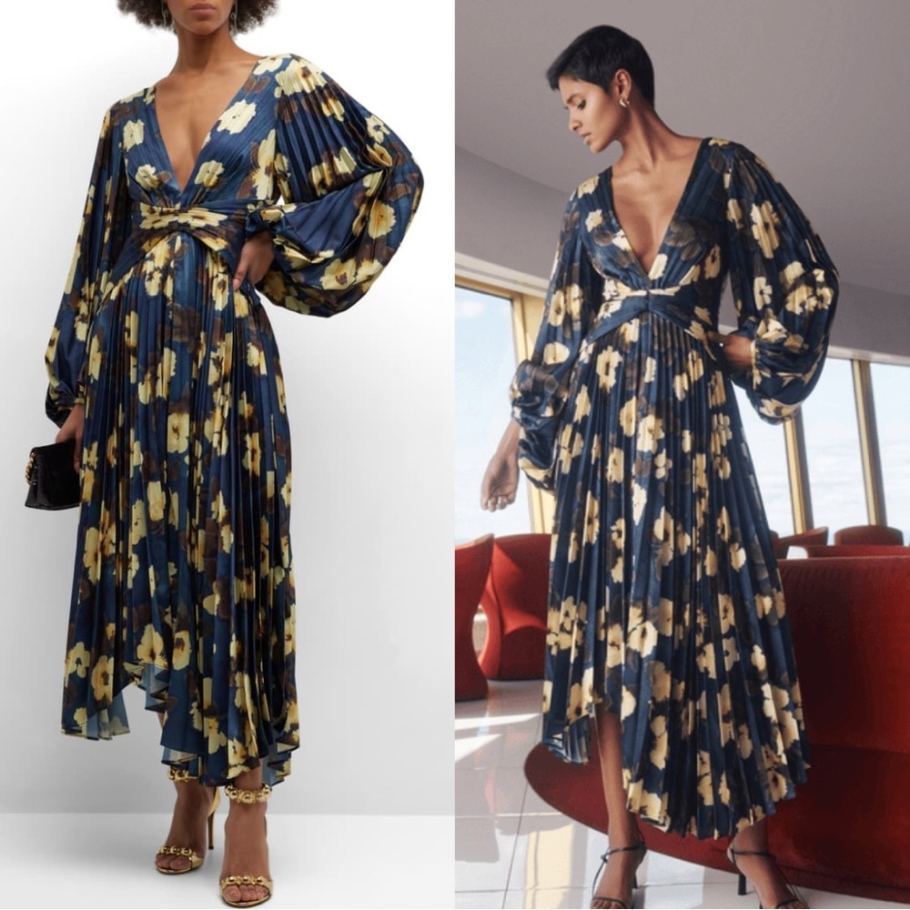 Acler Palms Pleated Long Sleeve Midi Dress Navy Floral Size 2